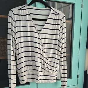 LOFT Black and White Striped Wrap Blouse